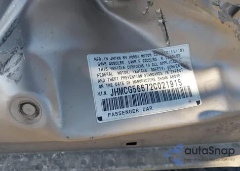 2002 Honda Accord 2.3 Ex из США, поврежденный, VIN JHMCG56672C021915